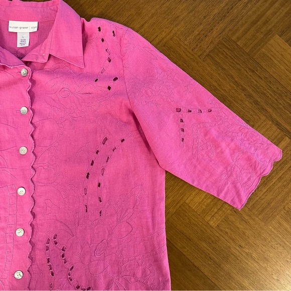 Susan Graver Linen Blend Cutout Embroidered Shirt Shacket Pink - Picture 8 of 11
